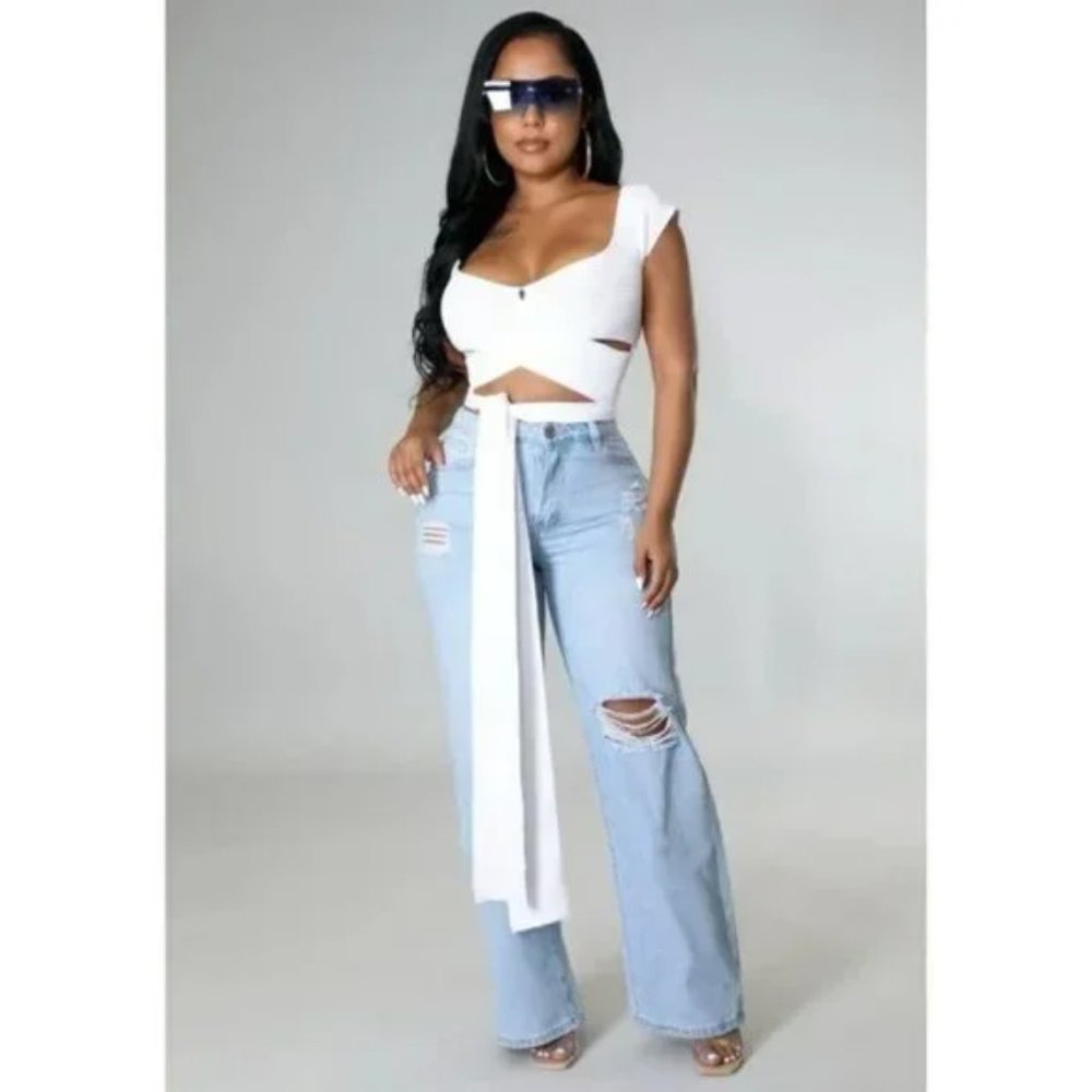 Blue High Waist Ripped Distressed Wide Leg Jeans Denim Pants - Picture 9 of 12